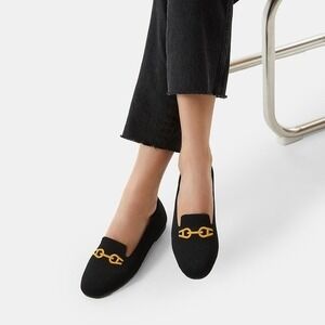 VIVAIA Black Knit Loafers Gold Horsebit Detail Comfortable Sustainable Flats 9